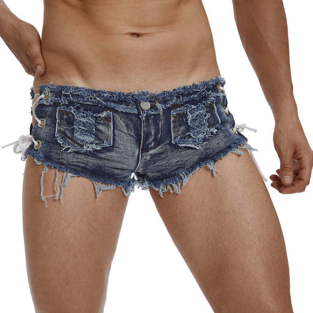 Men’s Low Rise Extra Short Denim Shorts Raw Edge Ripped Side Lace Up Hot Pants for Rave Clubbing
