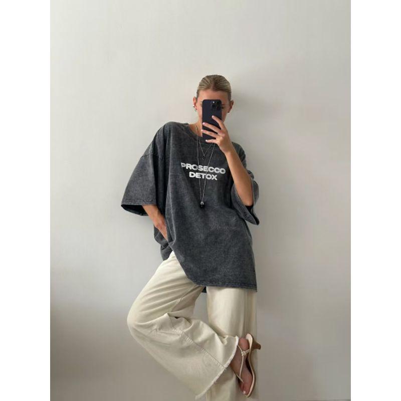 Western Style Fashion Casual Loose Washed Distressed Print round Neck T-shirt Top Printed T-shirt Top