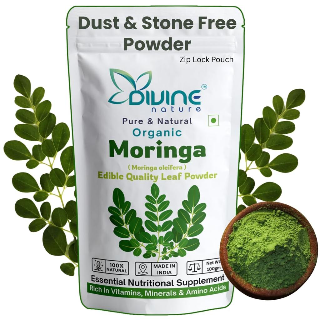 Divine Nature Organic Moringa Leaves Powder 100gm | Herbal Supplement | Good for Immunity, Digestion, skin and Hair care | Gives Natural Energy &