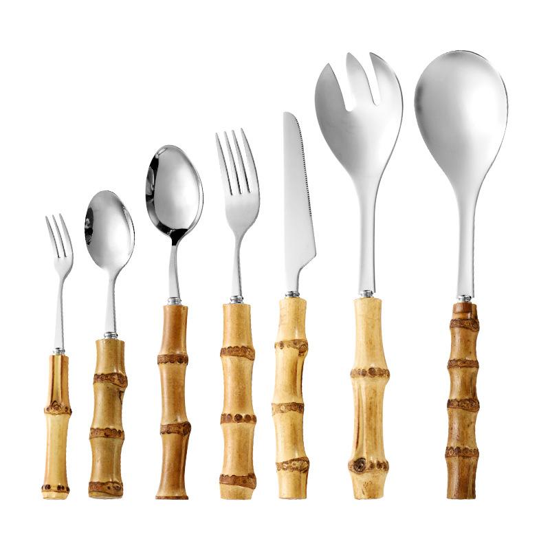 7Pcs Natural Bamboo Handle Stainless Steel Tableware Sets Flatware Set Dinnerware Steak Knife Cutlery Dessert Spoon and Fork Set