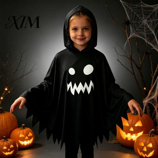Comfortable Trick Or Treat Gear Halloween Ghost Cloak with Hood, Loose Fit Irregular Hem Costume Family Dress Up for Cosplay Party, White Spooky