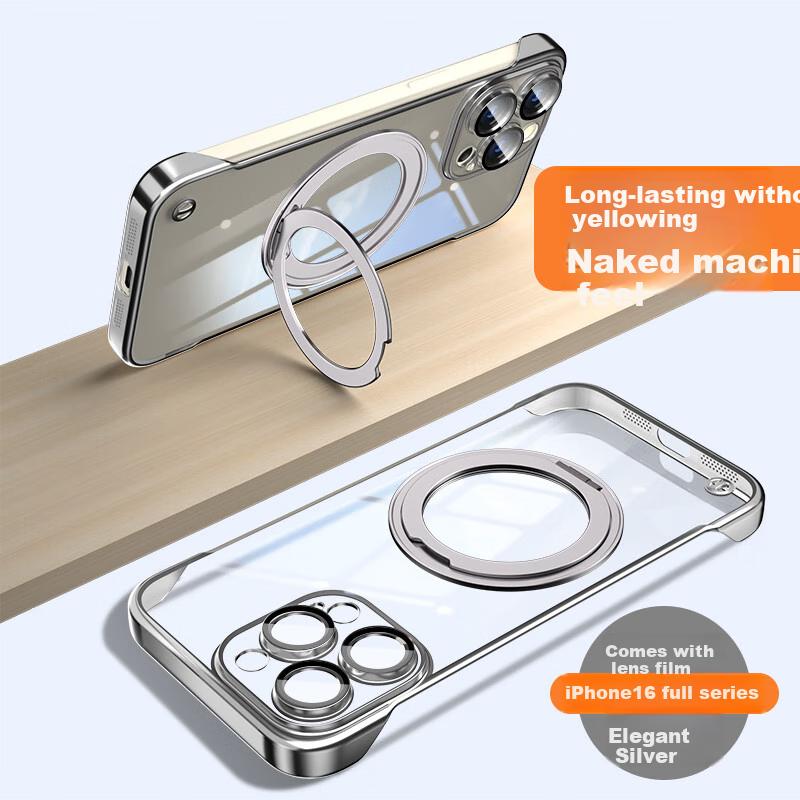 Magnetic Decompression StandIPhone 15 Pro Max Case, IPhone Electroplated Borderless Ultra-Thin Rotating Pivot Case, Titanium Silver Color