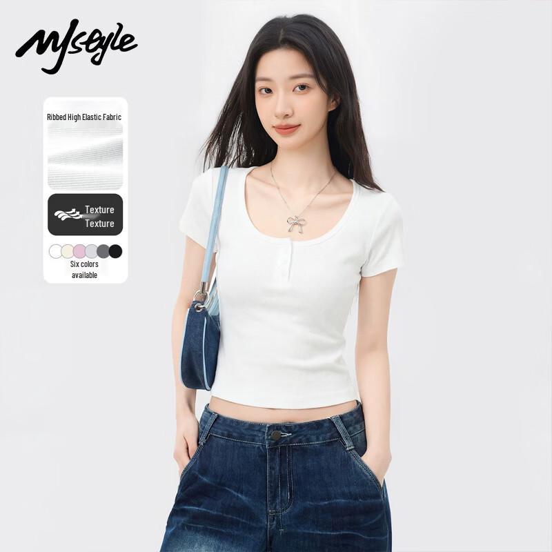 MJ STYLE Women s U-Neck Short Sleeve Slim-Fit T-Shirt S белый