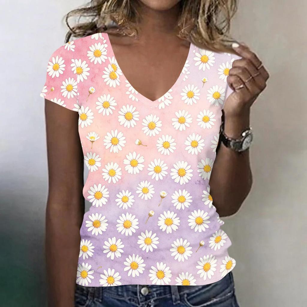 Women's Casual V Neck Short Sleeve Floral Print T Shirt Top Lightweight Comfortable Summer Tee with Daisy Pattern