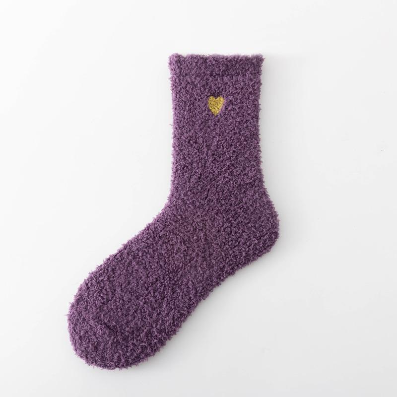 Autumn and Winter Coral Fleece Socks, Thickened Floor Socks, Embroidered Heart-shaped Home Socks, Warm and Soft Sleeping Socks