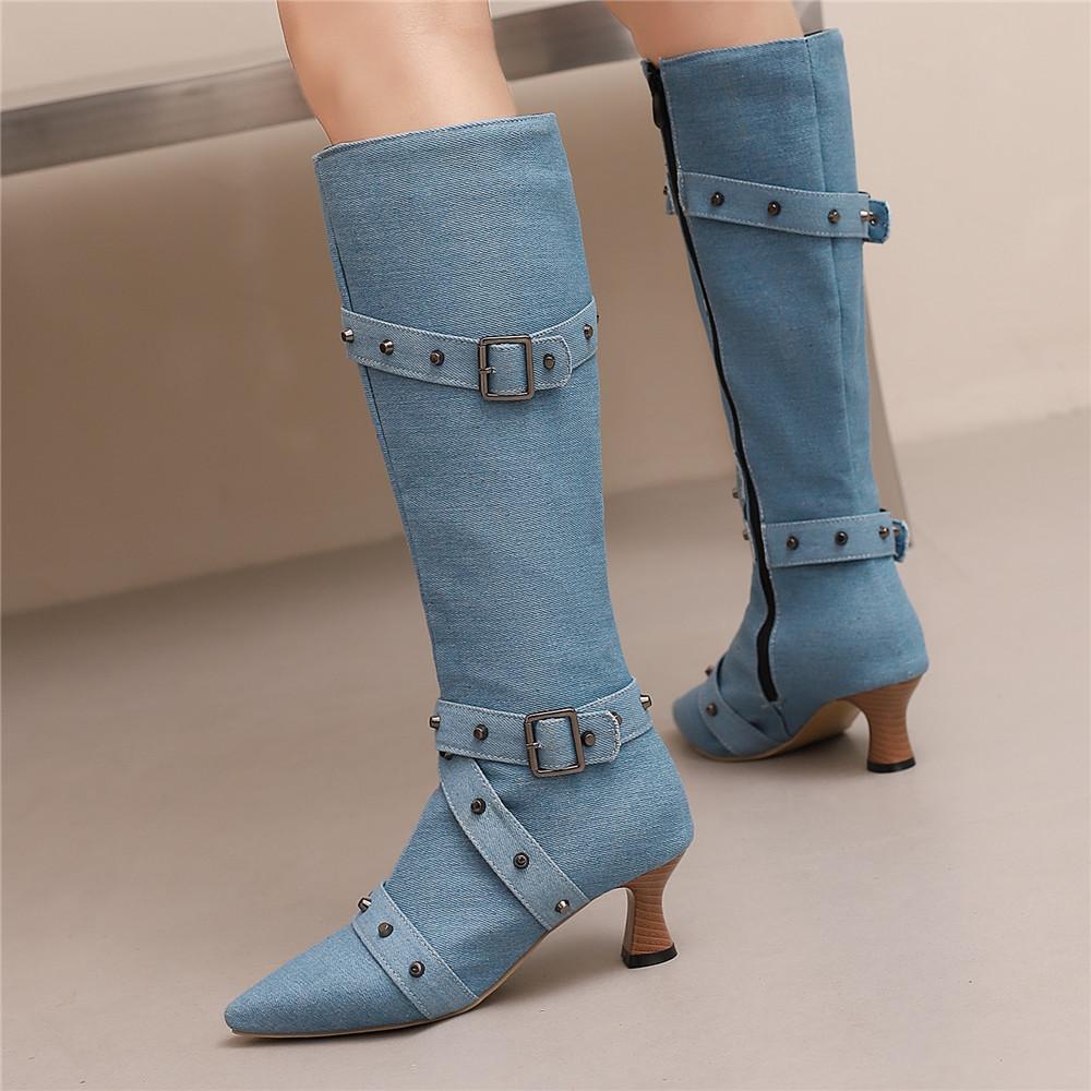 Fashion Women Victorian Pointed Toe Mid-Calf Boots Leather Rivet Buckle Punk Lace Up Strange Steampunk High Heel Shoes Plus Size 34-46