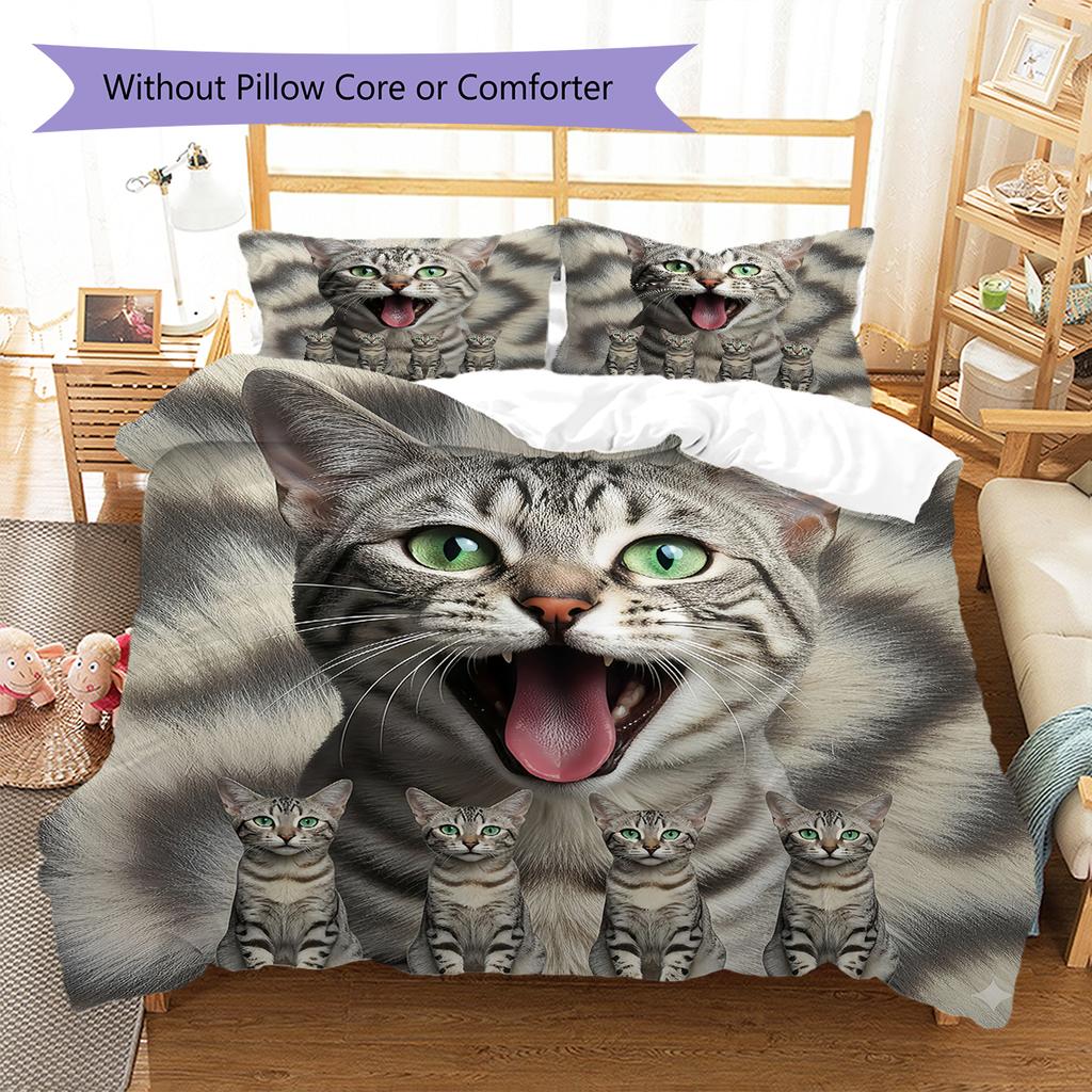 Cute Cat 3D Pattern Bedding Quilt Set Quilt Cover Pillowcase Home Decoration Gift (1 * duvet cover + 2 * pillowcase, without core)