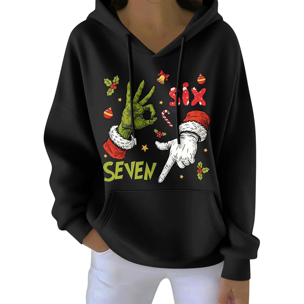 Damenmode Damen Leichter Langarmpullover mit Taschen Preppy Graphic Hoodie