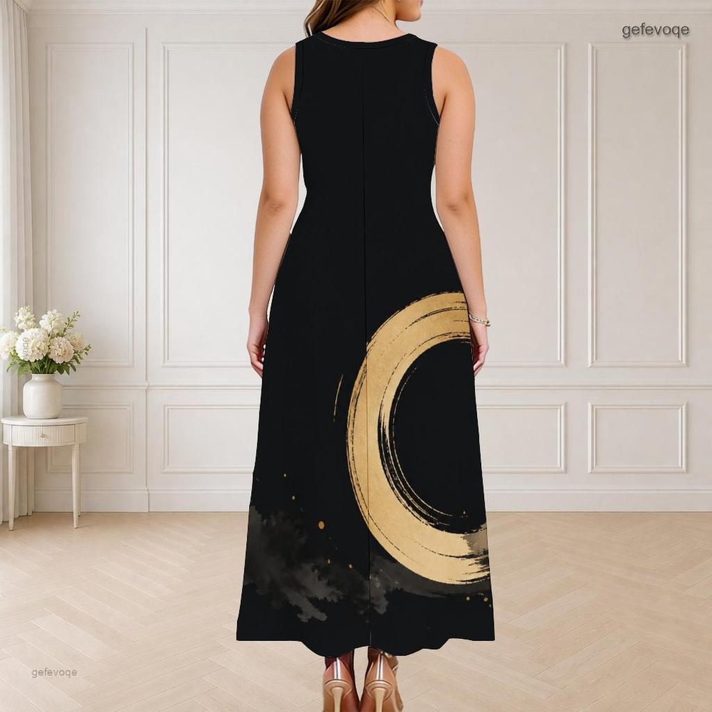 Robe Longue Imprimée Sans Manches Col Rond Décolleté Triple Découpe Grande Taille pour Femme