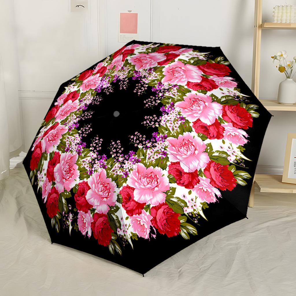 Red Rose Wreath Design Compact Travel Automatic Umbrella Folding Umbrella with 8 Ribs Lightweight All-Season Use Elegant Women's Umbrella