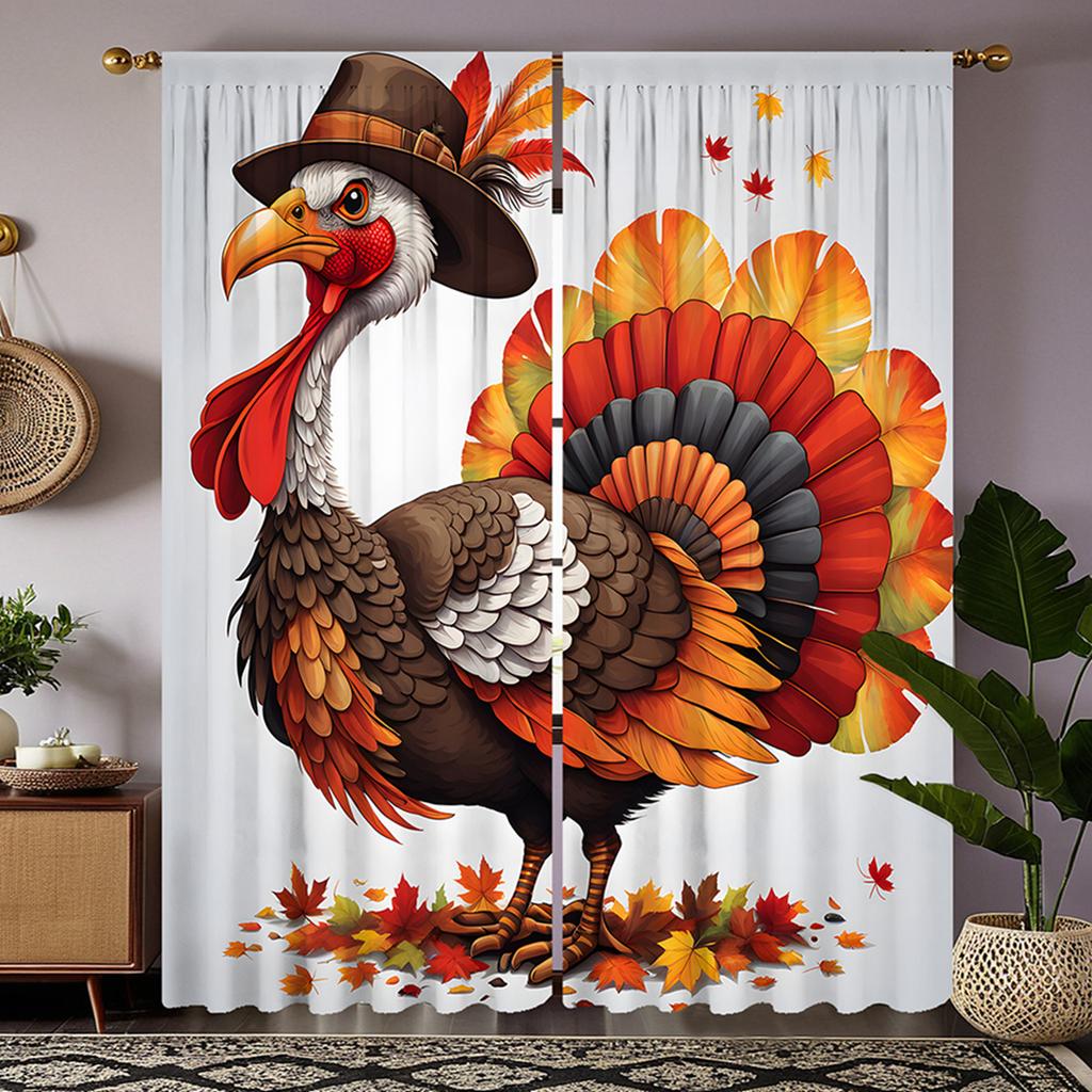 2 pieces of HD Turkey Festival wearing top hat big rooster decorative curtain Red tie digital printed curtain home decoration st