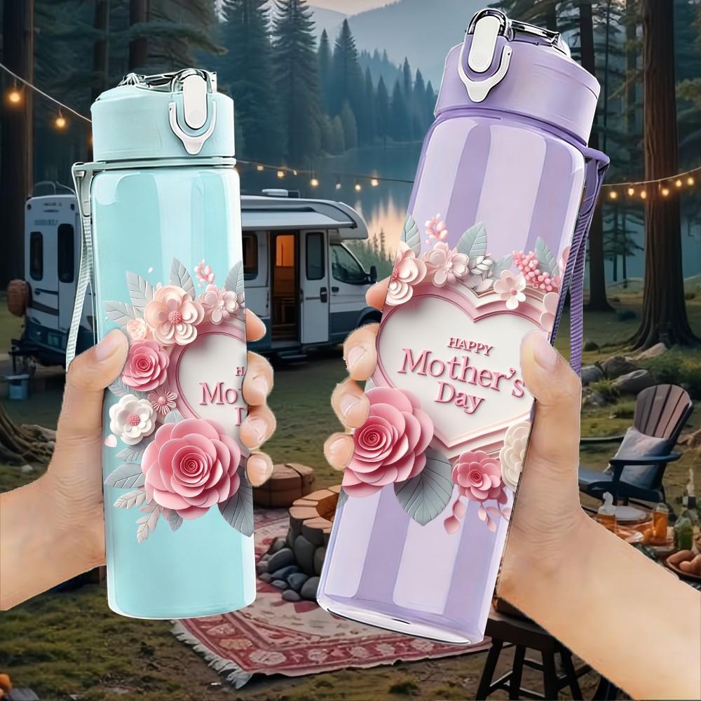 1PC Rose Flower Wreath Letter Print Pattern 750ml Color Plastic Sports Water Bottle Leakproof Flip Straw Lid Suitable for Sports Office Home Use