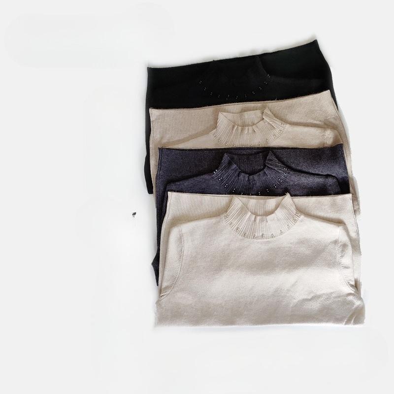 Autumn and Winter Women's Knitwear Solid Color Lantern Sleeve Knitwear Women Pearl Half High Neck Slim Bottoming Shirt Long-sleeved Blouse