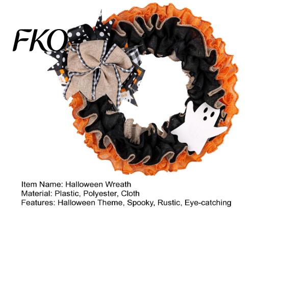 Shop Window Halloween Decor 15 Inch Wreath for Front Door, Rustic Ruffle with Party Wall Ghost And Burlap Bow Fireplace Walls Windows Gothic Indoor