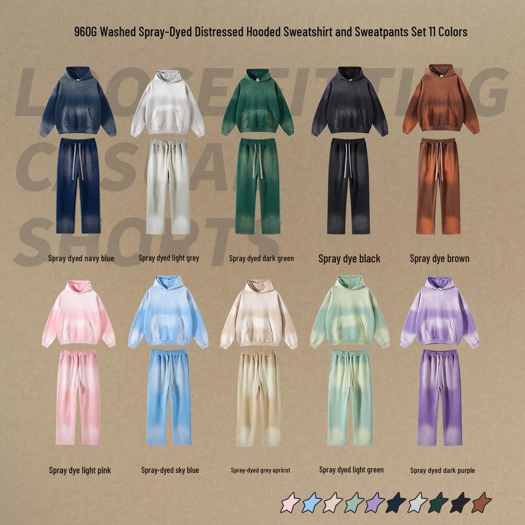 2024 A/W Distressed Spray-Dyed Hooded Sweatshirt & Sweatpants Set - Retro Streetwear Trend for Couples