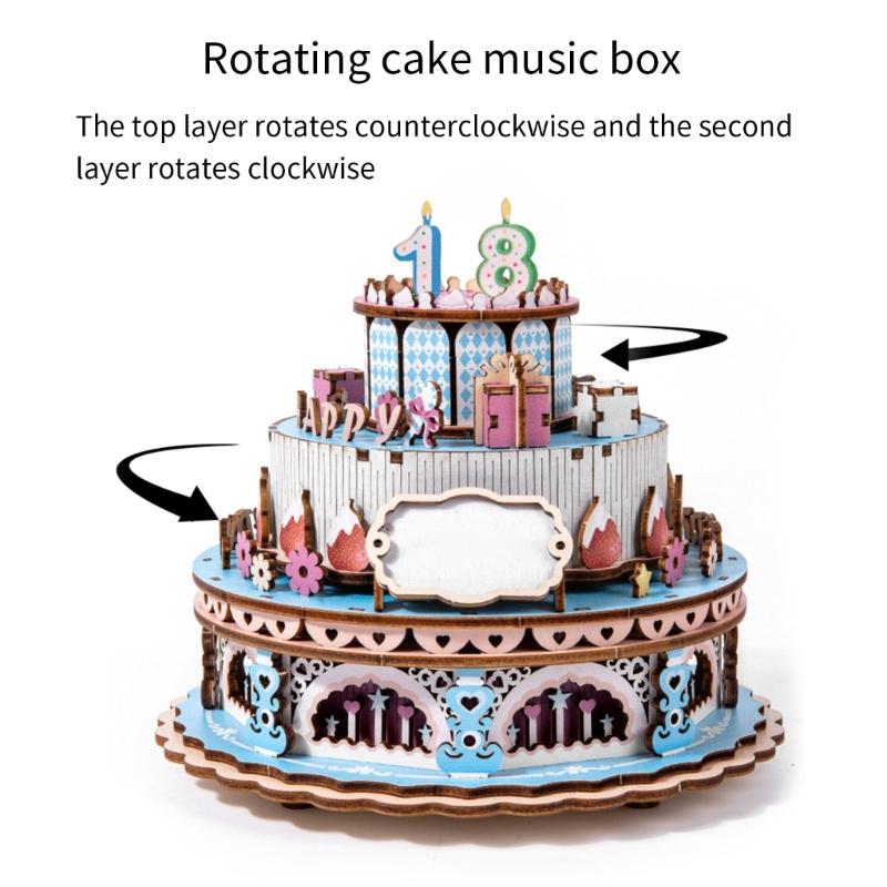 Wooden Mechanical Rotating Birthday Cake Music Box Craft Set Easy Assembly No Tool Required Musical Ornament Gifting