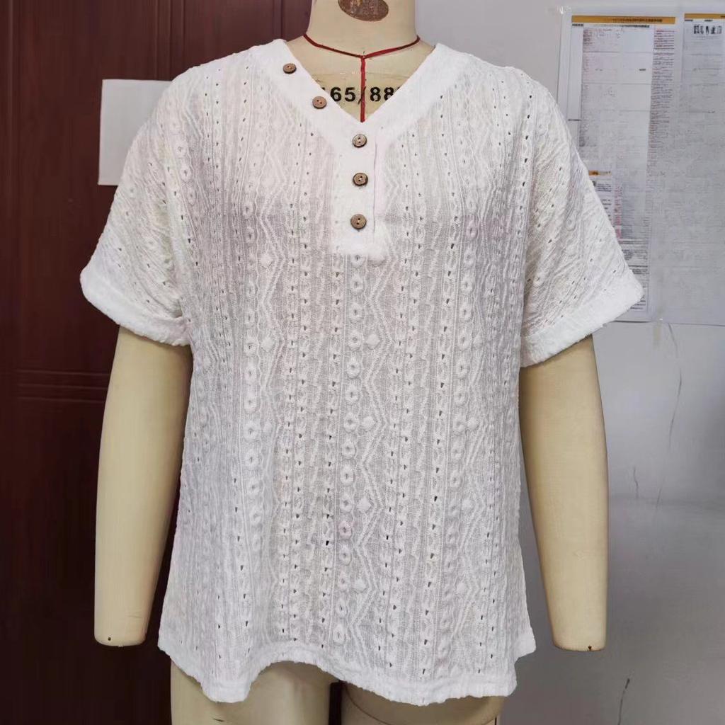 Summer Women's Plus Size Broken Crochet Hollow Decorative Button V-Neck Short Sleeve T-Shirt Top