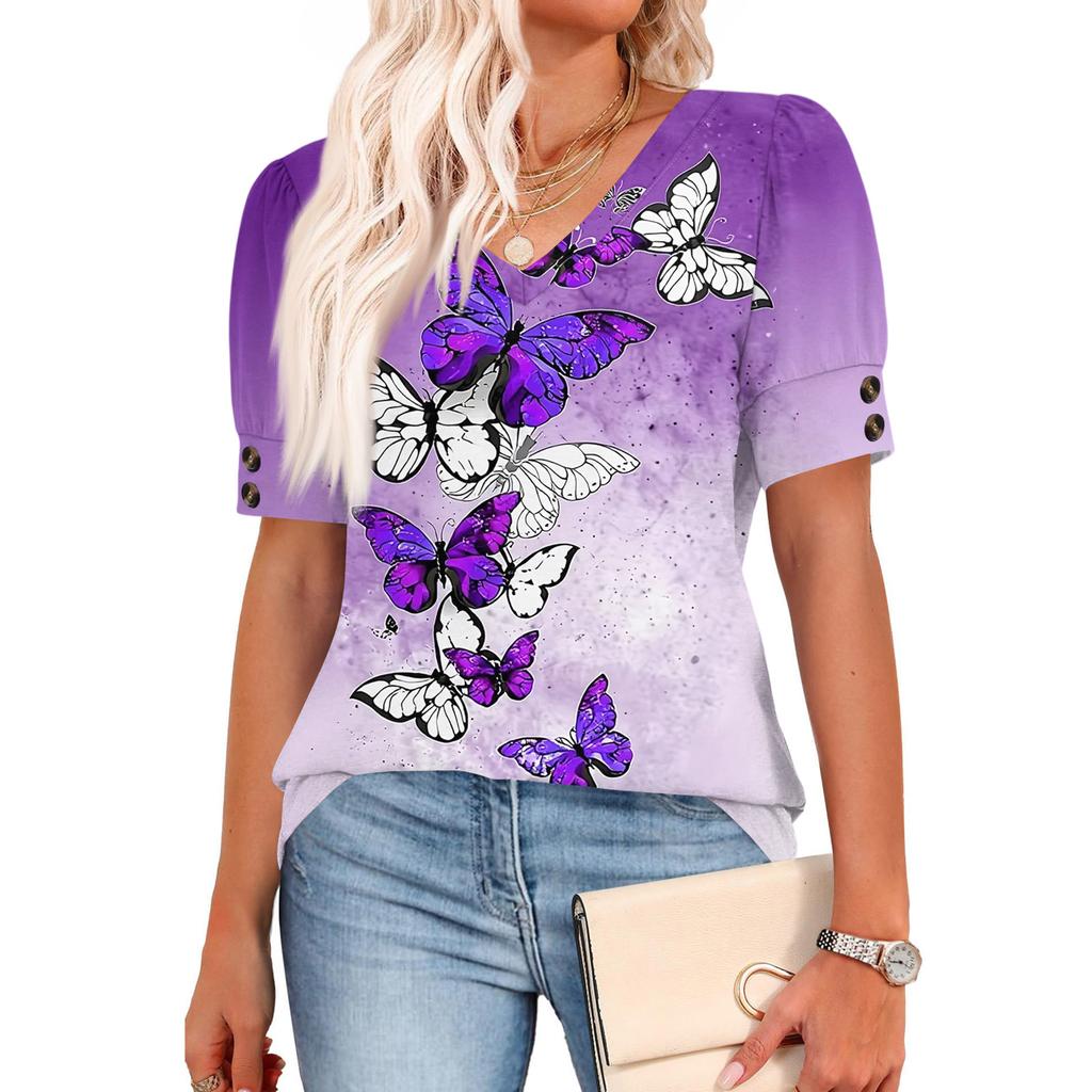 Womens Tops Short Sleeve Shirts Buttons V Neck Fashion Outfits Blouses Casual