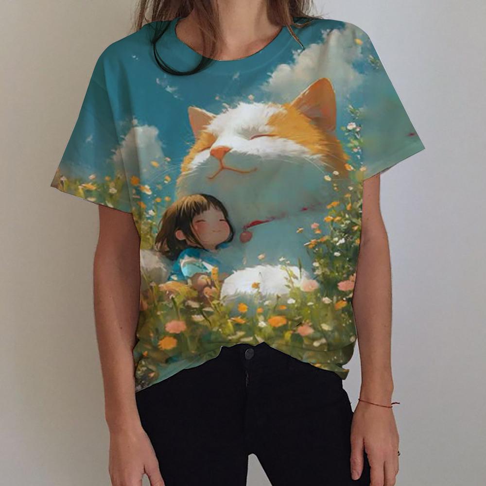 3D Printed Women's Flower T-shirt with Cat Pattern Short Sleeve Summer Fashion Street Round Neck T-shirt Top Loose Harajuku T-sh