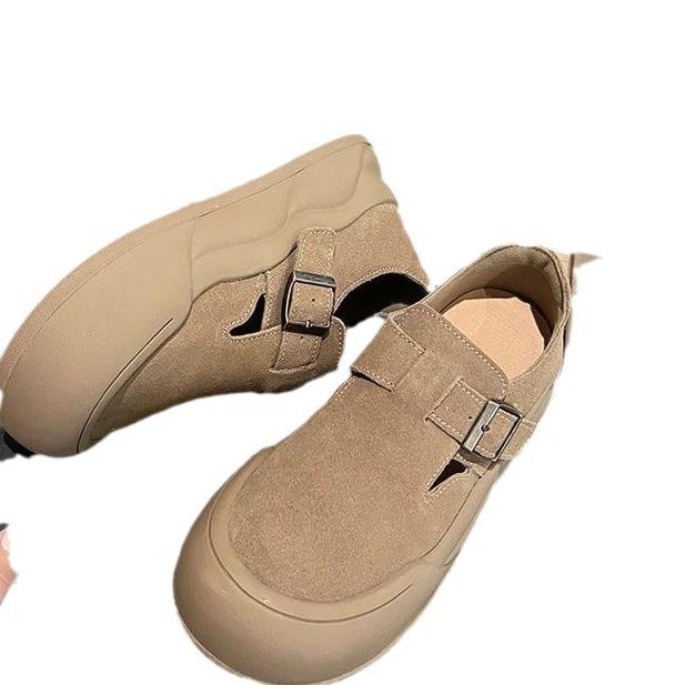 Fashion Thick Soled Boken Shoes for Women 2024 New British Style Retro Big Head Frosted Casual Versatile  Women's Shoes