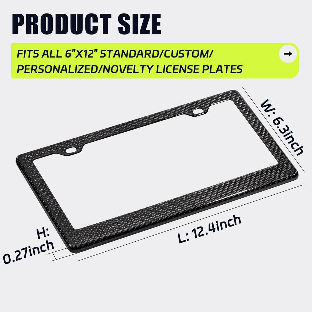 Real Carbon Fiber License Plate Frame, 100% Pure Carbon Fiber Frame, Black License Plate Holder Cover With Screw Caps, Anti-Vibration Pads, (Twill 2