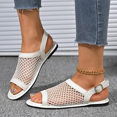2025 Große Flache Riemchensandalen für Damen Sommer Neu Atmungsaktiv Gewebt Fischmaul Mesh Sandalen Strandschuhe