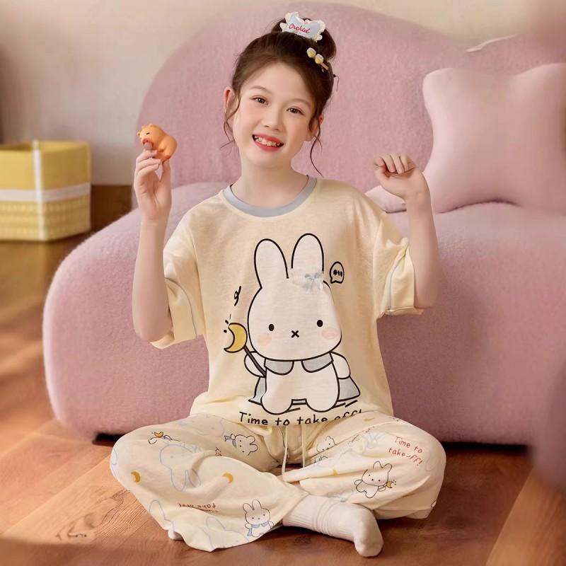 Cute Cartoon Family Matching Pajamas Set Girls Moms Soft Tencel Short Sleeve Long Pants Sleepwear