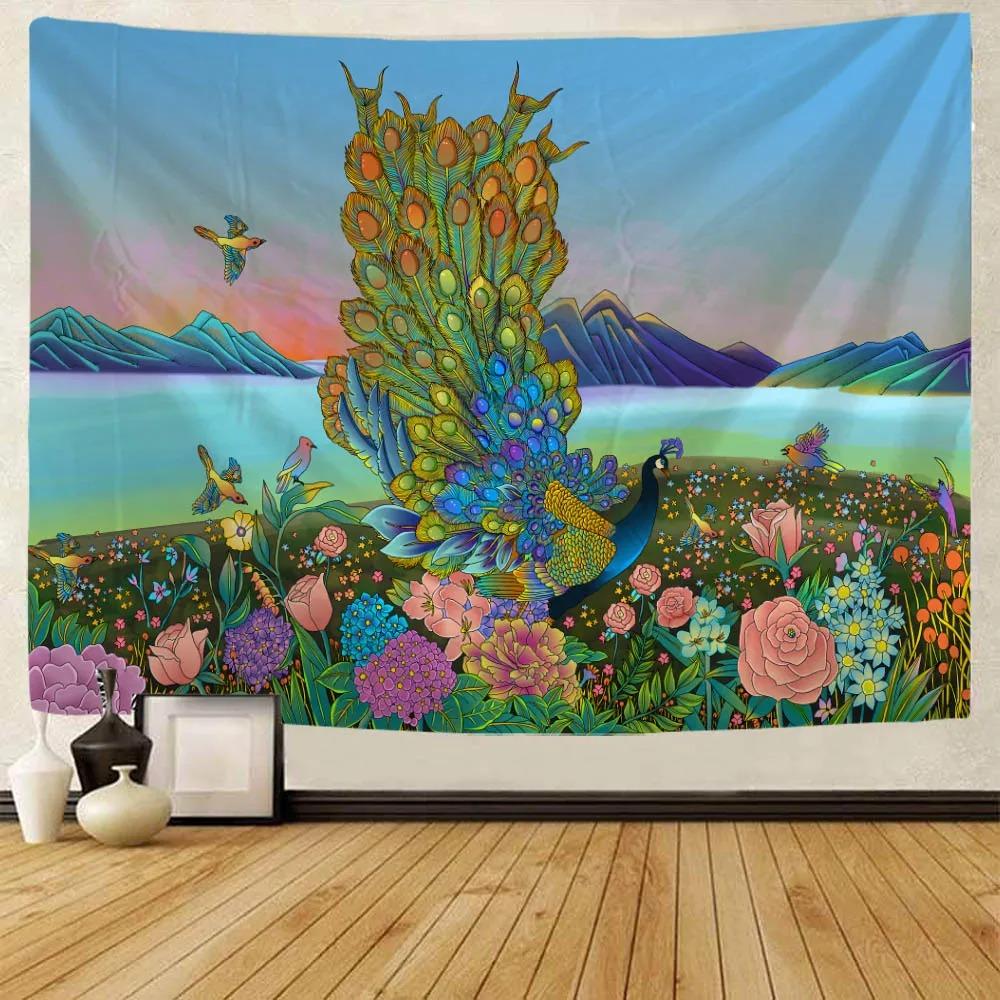 Peacock Trees Oil Painting Style Pattern Tapestry Home Wall Decoration Tapestry Bedroom Living Room Tapestry
