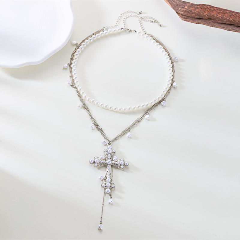 Colar Pingente Cruz Grande Estética Multicamadas Vintage Elegante Corrente Contas Pérola Imitação Mulher Choker Joia Y2K