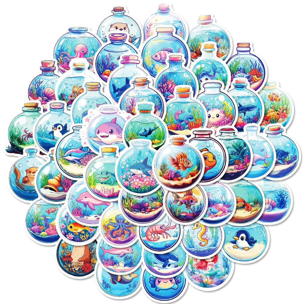 New 50 Round Bottles Underwater World Ins Creative Bottles Cute Cartoon Marine Animal Stickers Handbook Decoration
