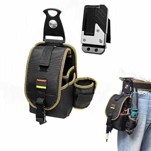 Two-Tier Tool Pouch with Nails, Tool Holder, and Small Organizer. Features a Detachable Tool Holder and Lid. Lightweight Nylon Material with Rotating