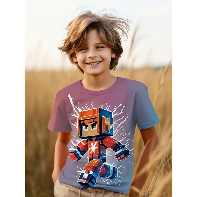 

Футболка с круглым вырезом и принтом «Красная молния» для мальчиков, полиэстер, короткий рукав, слегка эластичный летний повседневный топ — стандартный размер 160CM