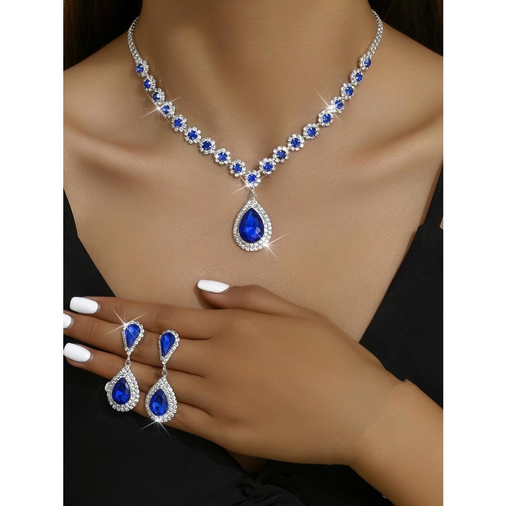 Wedding Jewelry Set, Necklace, Stud Earrings, Bracelet, Three-piece Set, Full of Diamonds and Flowers, Multi-color Set.