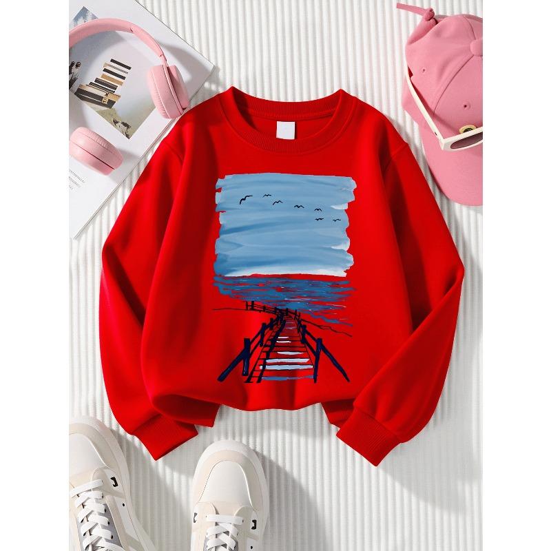 Girls' Soft Crewneck Sweatshirt, Blue Sea Sky Birds Pier Print Pattern with Cute Creative Print, Casual All-Match for Fall Winter