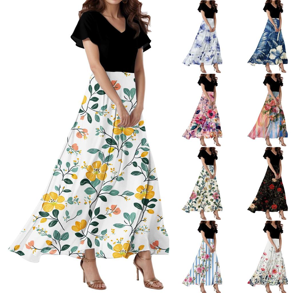 Women's Loose Casual  V-Neck Short Sleeved High Waisted Floral Print Dress Floral Print Dress