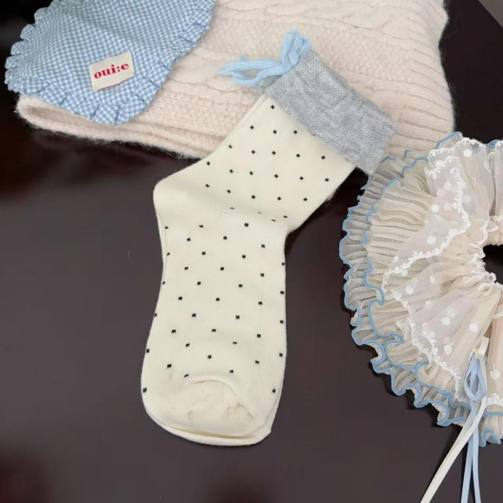 Ladies Autumn Winter Thick Warm Bow-dotted Wool Mid Tube Socks