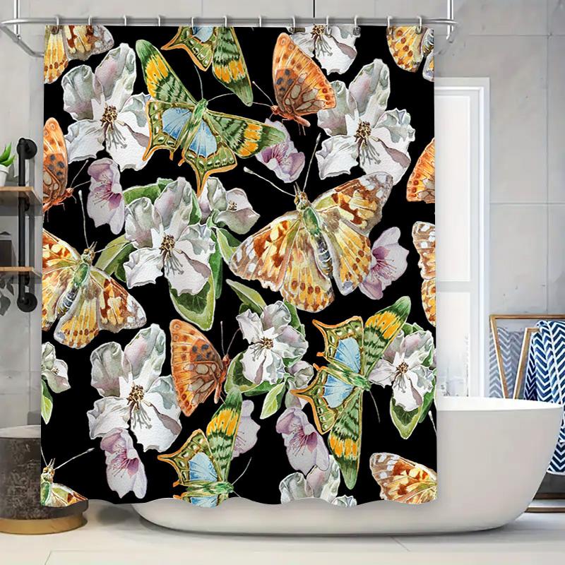 

Bathroom Shower Curtain Waterproof Decorative Butterfly Floral Print for Home Decoration Size180x240cm (Black) 90x180cm
