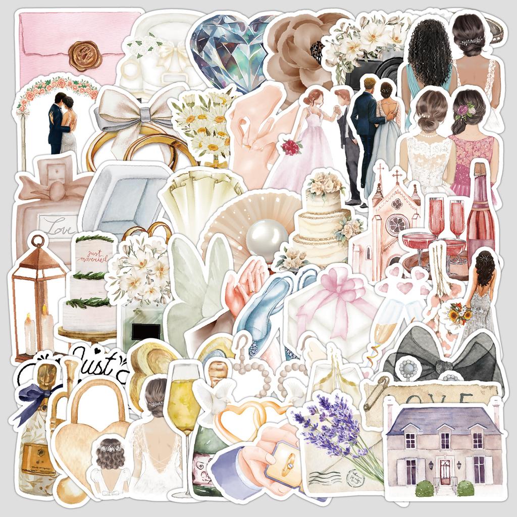 50 Watercolor Wedding Graffiti Stickers, Water Cup, Luggage, Waterproof Decorative Stickers, Creative Watercolor Stationery Stickers