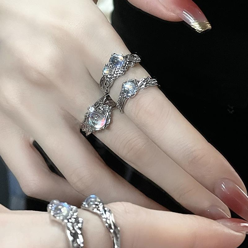 Niche Design Moonstone Ring, Female Gemstone, High-End Irregular French Fold, High-End Personalized Open Ring