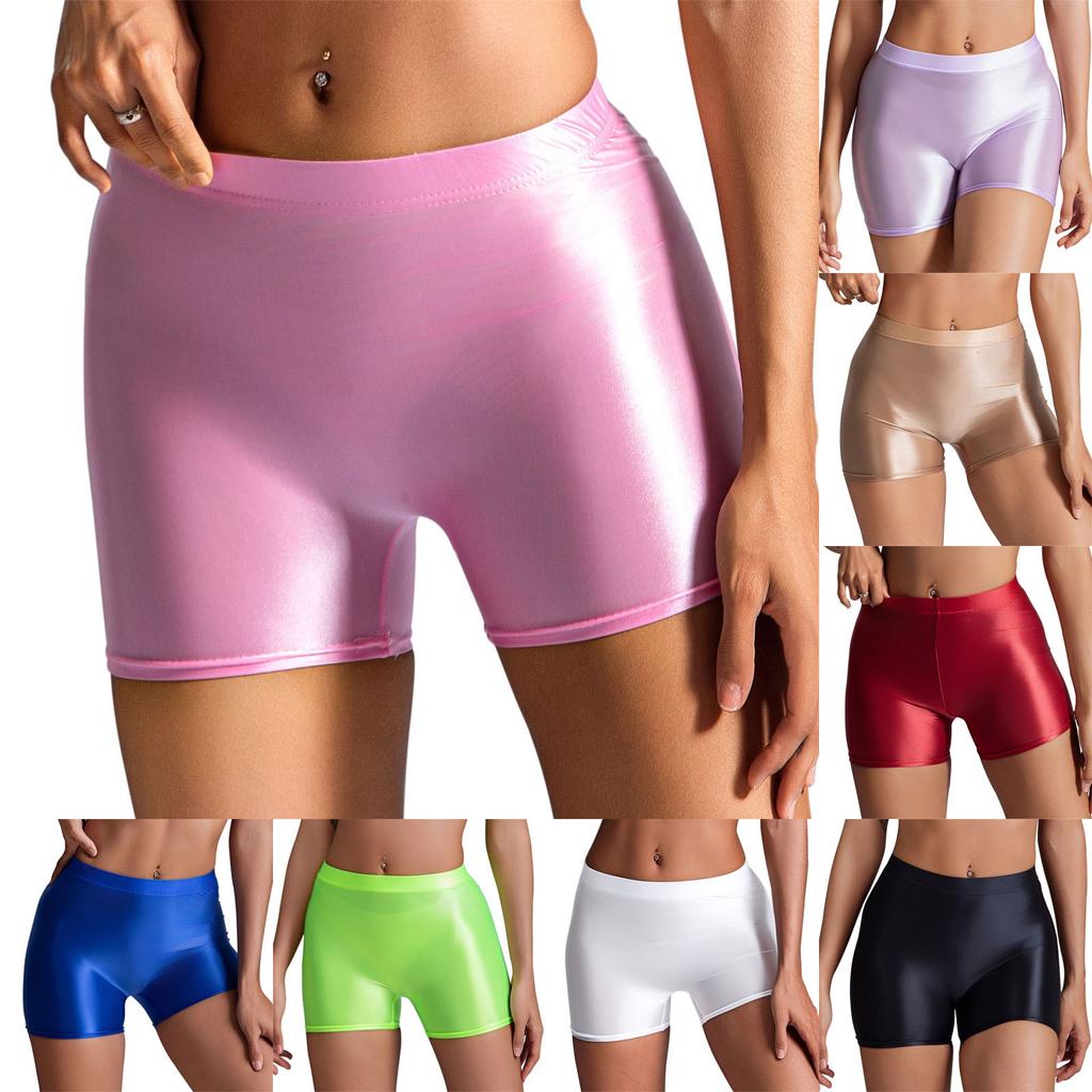 Pantaloncini sportivi attillati da donna, sexy, di media lunghezza, effetto lucido