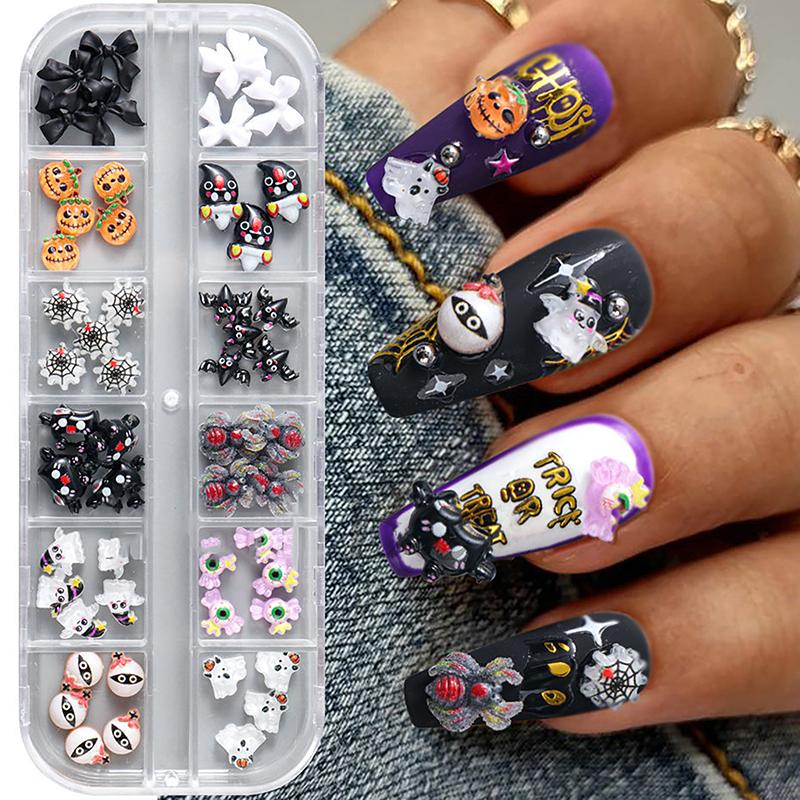 12 Grids Cute Spooky Ghost Pumpkin Nail Art Decorations Spider Bat Halloween Gothic Design Nail Art Jewelry Manicure Accessories