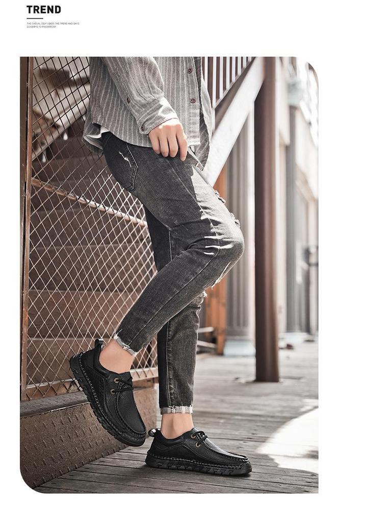 Men's Autumn Hand-Stitched Leather Driving Shoes - Large Size, Low-Top, Lace-Up, Flat Sole