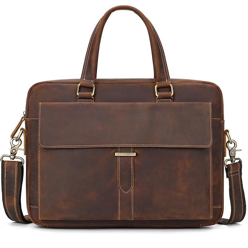 Men'S Leather Commuter Handbag 15 Inch Crazy Horse Leather Briefcase Shoulder Bag Cowhide Business Computer Bag