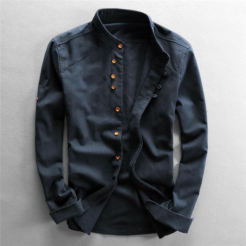 

Spring Men s Casual Linen Shirt Retro Chinese Style Thin Stand-up Collar Slim Cotton And Linen Shirt 7XL чорний