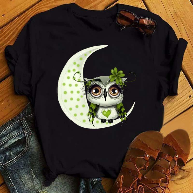 ZX TEE Camiseta de Mujer con Gráfico de Búho Lindo Estampado Harajuku Kawaii Negra Cuello Redondo Manga Corta Top Dibujos Animados Casual Verano Viaje Camiseta