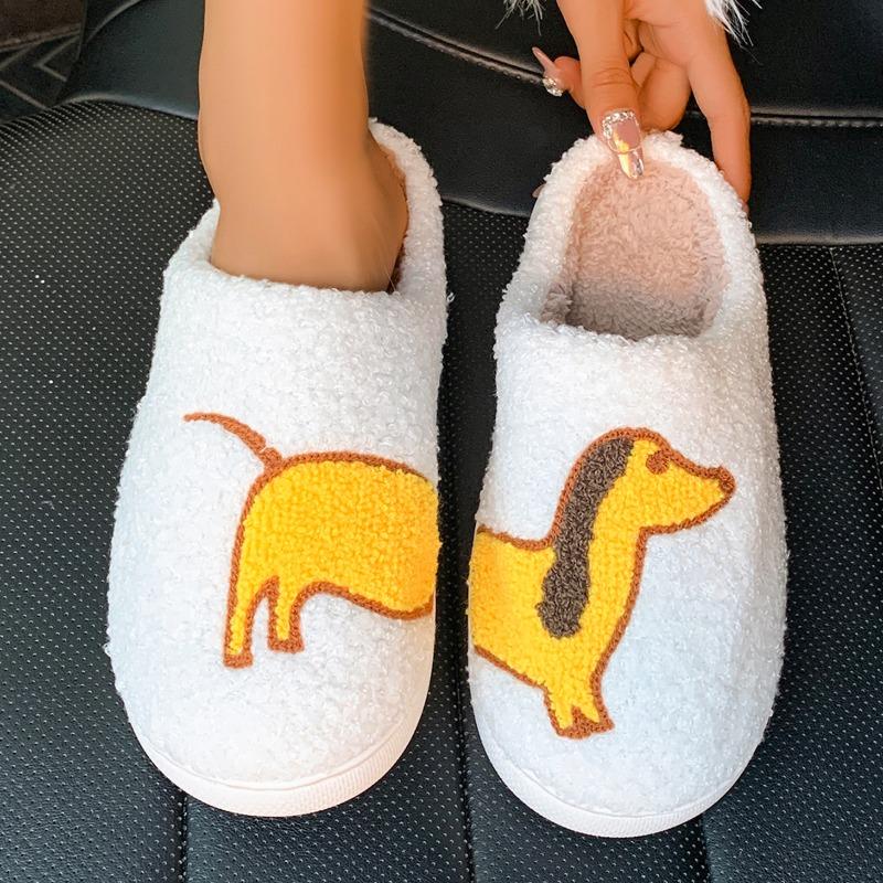 Pet Pattern Dachshund Embroidery Stuffed Home Thick Sole Plaid Furry Cotton Slippers Cute Warm Non-slip Indoor Slippers  Gift