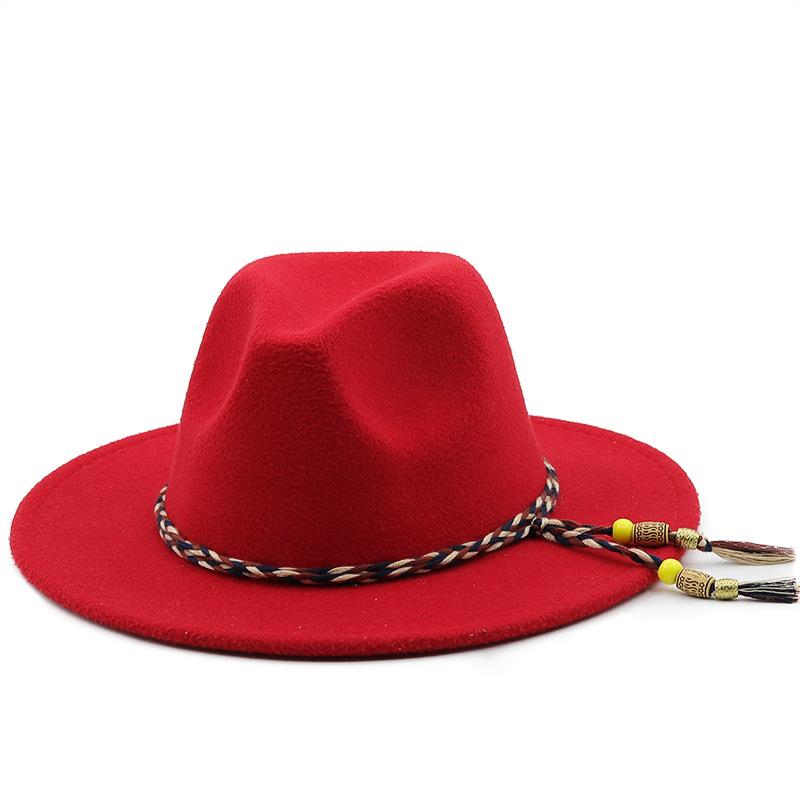 European and American women's new colorful rope jazz hat, big brim fashion flat hat, autumn and winter British style men's woolen top hat tide
