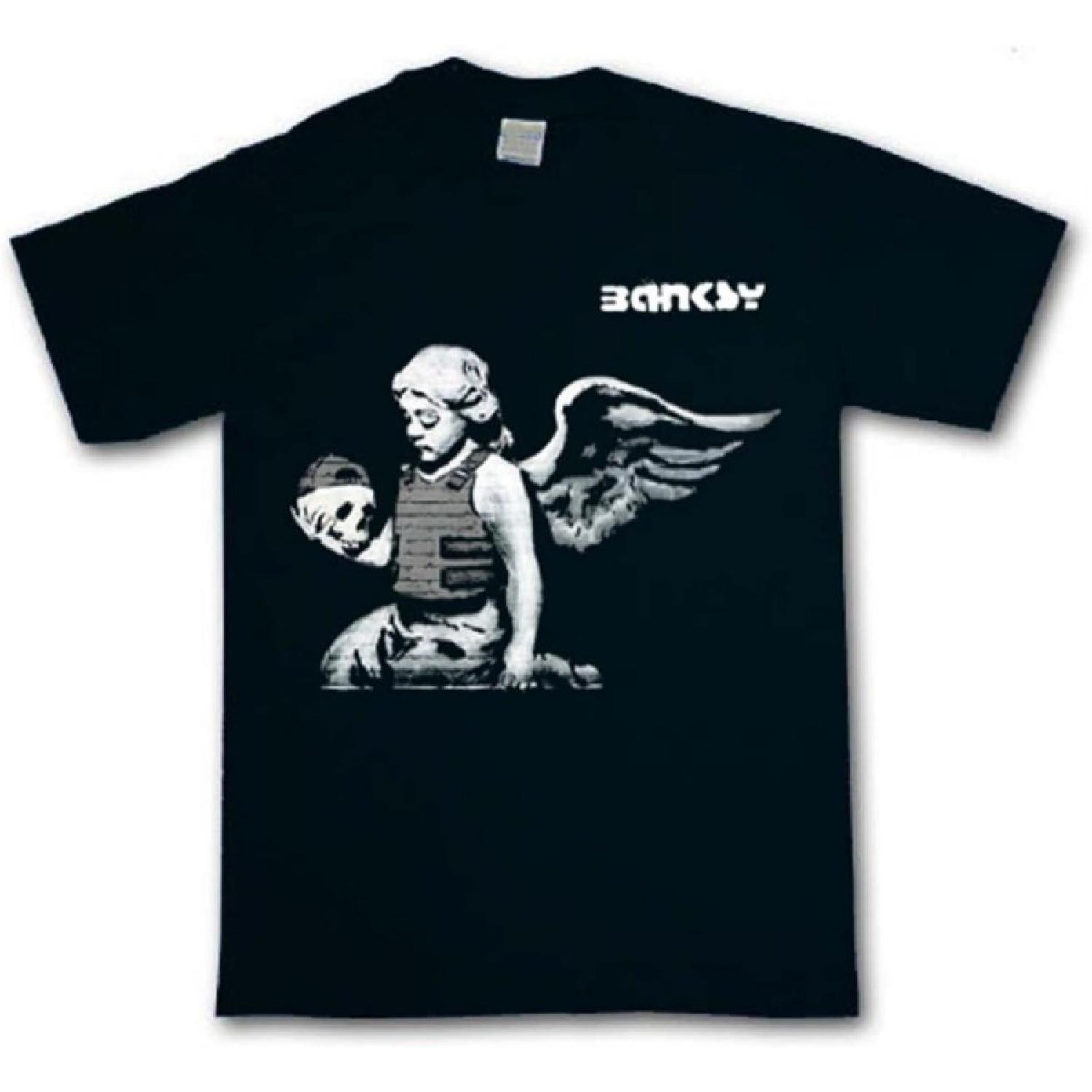 Tribal T-Shirts Мужская футболка с крылатым херувимом Бэнкси, Черная, Размер L S