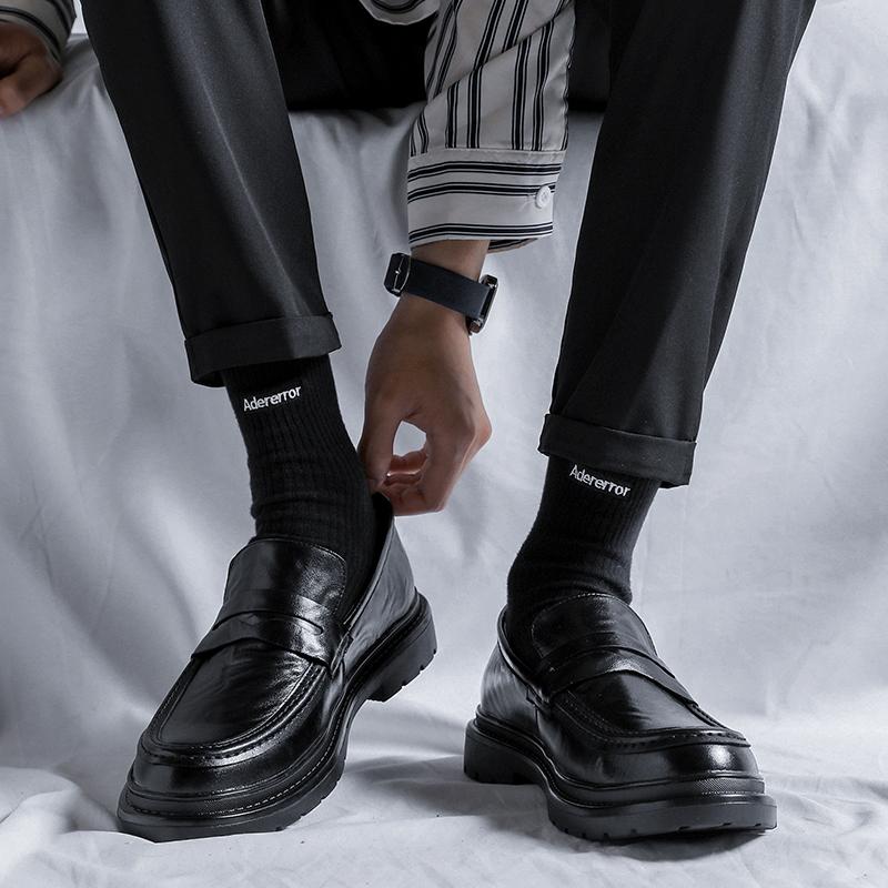 Fashion British Style Massage Sole Loafers Comfortable Versatile Men's Leather Casual Shoes Men's Split Leather Shoes Simple Black