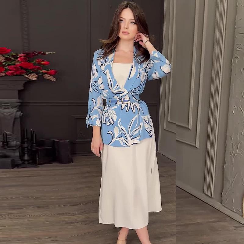 2024 Autumn Fashion Print Lapel Shirt and Half-Length Skirt Set